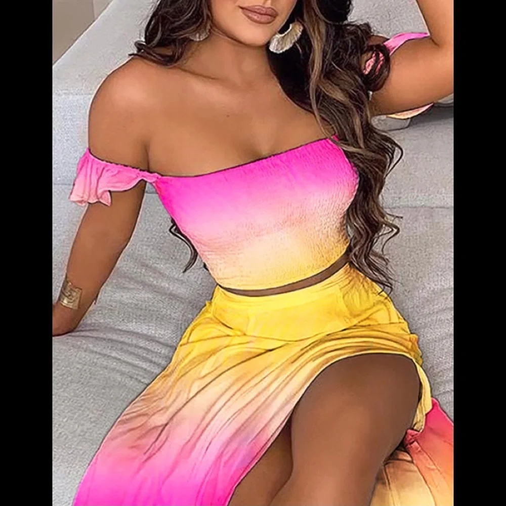 Off the shoulder plain crop top and maxi skirt set - Picture 3 of 5